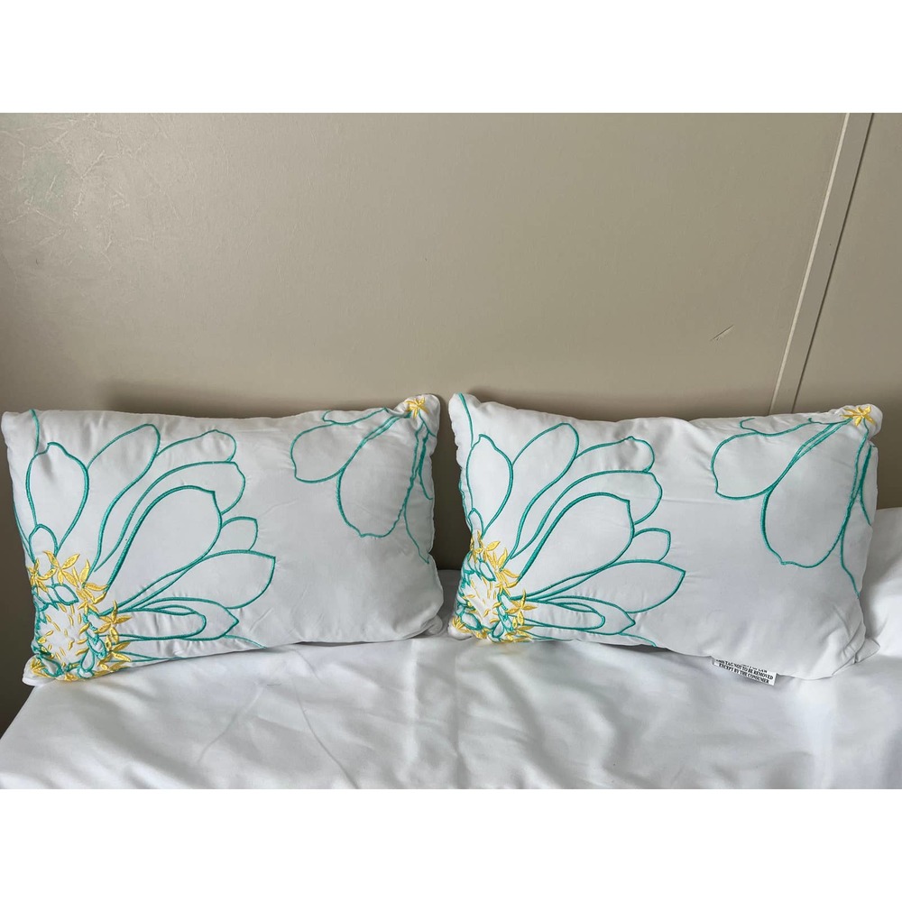 Intelligent Design Pillows‎ White with Floral Aqua and Yellow Embroidery